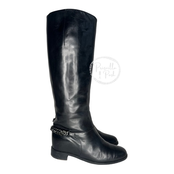 Christian Louboutin Black Leather Knee High Silver Chain Combat